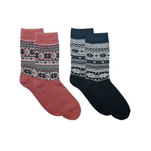 Womens Pink & Black 2-Pack Snowflake Heart Knit Lambs Wool Socks